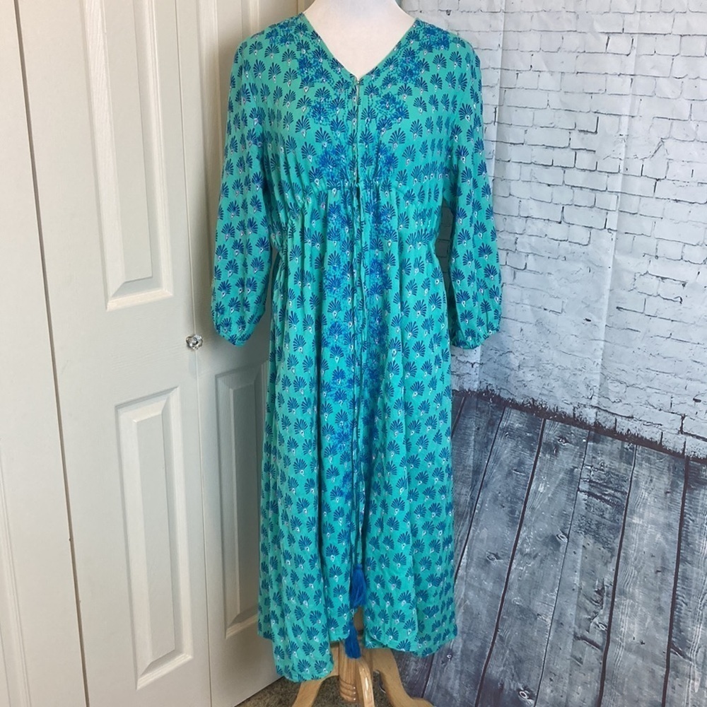 Roller Rabbit Cotton Dress L Block Print Turquoise Blue Tassel Tie Bohemian